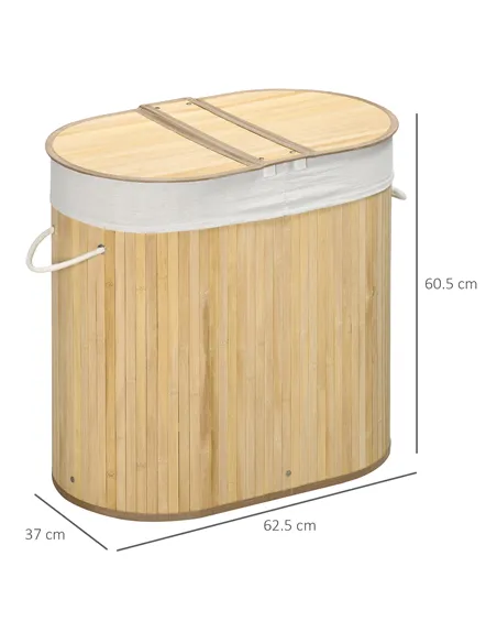 HOMCOM Bamboo Laundry Basket with Lid, 100 Litres Laundry Hamper with 2 Sections, Removable Washable Lining, Washing Baskets, 62