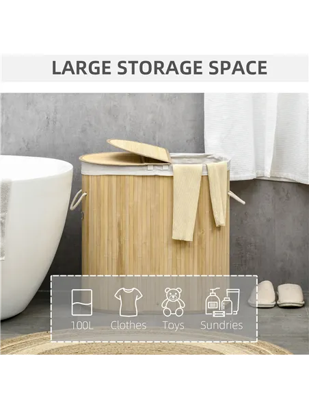 HOMCOM Bamboo Laundry Basket with Lid, 100 Litres Laundry Hamper with 2 Sections, Removable Washable Lining, Washing Baskets, 62