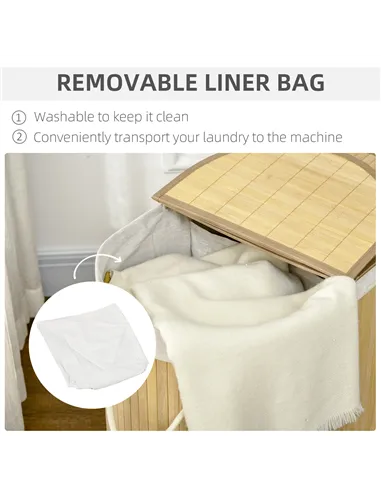 HOMCOM Bamboo Laundry Basket with Lid, 100 Litres Laundry Hamper with 2 Sections, Removable Washable Lining, Washing Baskets, 62