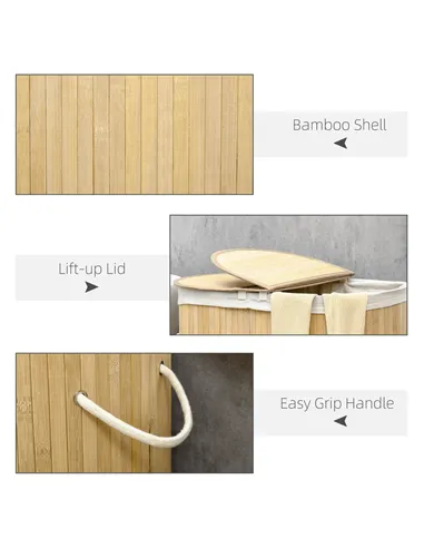 HOMCOM Bamboo Laundry Basket with Lid, 100 Litres Laundry Hamper with 2 Sections, Removable Washable Lining, Washing Baskets, 62