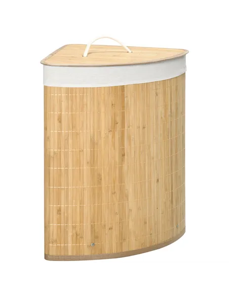 HOMCOM Bamboo Laundry Basket with Lid, 55 Litres Laundry Hamper with Removable Washable Lining,  Corner Washing Baskets, 38 x 38