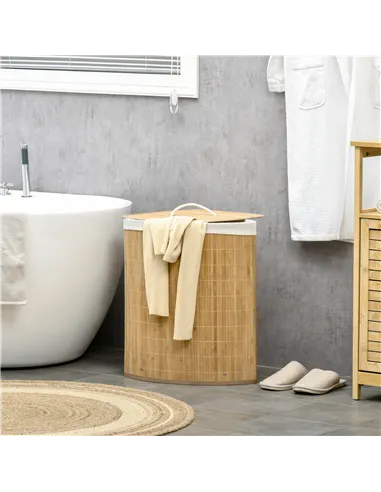 HOMCOM Bamboo Laundry Basket with Lid, 55 Litres Laundry Hamper with Removable Washable Lining,  Corner Washing Baskets, 38 x 38
