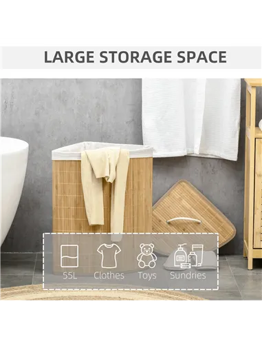 HOMCOM Bamboo Laundry Basket with Lid, 55 Litres Laundry Hamper with Removable Washable Lining,  Corner Washing Baskets, 38 x 38