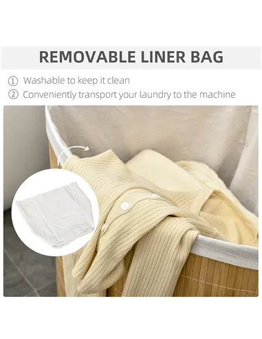 HOMCOM Bamboo Laundry Basket with Lid, 55 Litres Laundry Hamper with Removable Washable Lining,  Corner Washing Baskets, 38 x 38