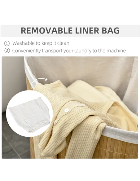 HOMCOM Bamboo Laundry Basket with Lid, 55 Litres Laundry Hamper with Removable Washable Lining,  Corner Washing Baskets, 38 x 38