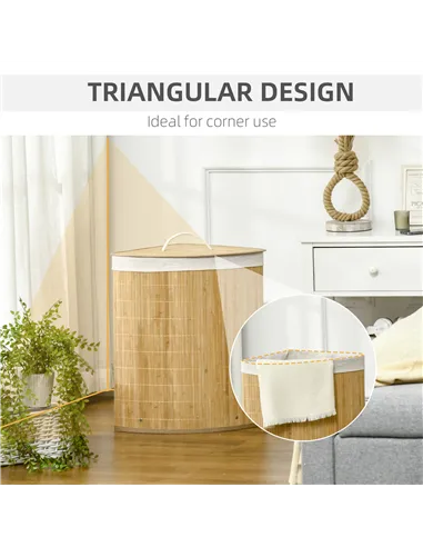HOMCOM Bamboo Laundry Basket with Lid, 55 Litres Laundry Hamper with Removable Washable Lining,  Corner Washing Baskets, 38 x 38