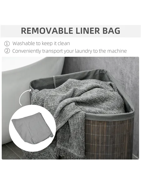 HOMCOM Bamboo Laundry Basket with Lid, 55 Litres Laundry Hamper with Removable Washable Lining,  Corner Washing Baskets, 38 x 38