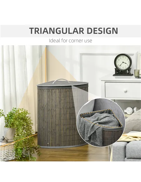 HOMCOM Bamboo Laundry Basket with Lid, 55 Litres Laundry Hamper with Removable Washable Lining,  Corner Washing Baskets, 38 x 38