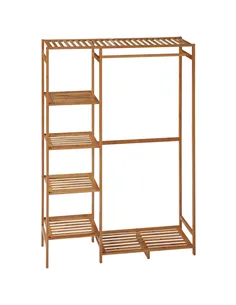 HOMCOM Bamboo Clothes Rack for Bedroom Garment Rack with 6-Tier Storage Shelf Hanging Rod Clothes Rail for Living Room Entryway