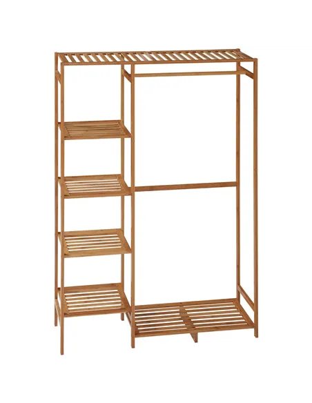 HOMCOM Bamboo Clothes Rack for Bedroom Garment Rack with 6-Tier Storage Shelf Hanging Rod Clothes Rail for Living Room Entryway