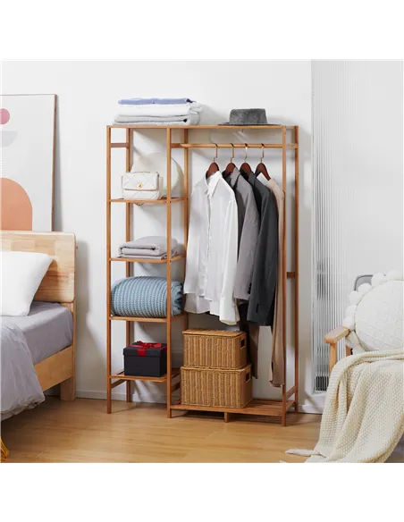 HOMCOM Bamboo Clothes Rack for Bedroom Garment Rack with 6-Tier Storage Shelf Hanging Rod Clothes Rail for Living Room Entryway