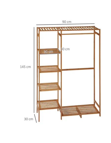 HOMCOM Bamboo Clothes Rack for Bedroom Garment Rack with 6-Tier Storage Shelf Hanging Rod Clothes Rail for Living Room Entryway