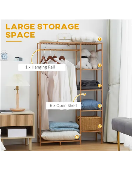 HOMCOM Bamboo Clothes Rack for Bedroom Garment Rack with 6-Tier Storage Shelf Hanging Rod Clothes Rail for Living Room Entryway