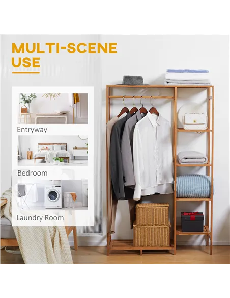 HOMCOM Bamboo Clothes Rack for Bedroom Garment Rack with 6-Tier Storage Shelf Hanging Rod Clothes Rail for Living Room Entryway