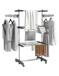 HOMCOM Three-Shelf Collapsing Clothes Horse, With Side Arms and Wheels - Grey
