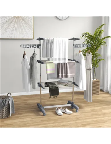 HOMCOM Three-Shelf Collapsing Clothes Horse, With Side Arms and Wheels - Grey