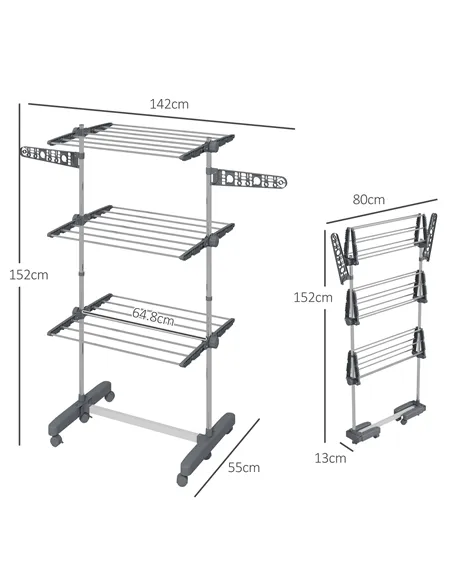 HOMCOM Three-Shelf Collapsing Clothes Horse, With Side Arms and Wheels - Grey