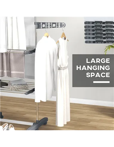 HOMCOM Three-Shelf Collapsing Clothes Horse, With Side Arms and Wheels - Grey