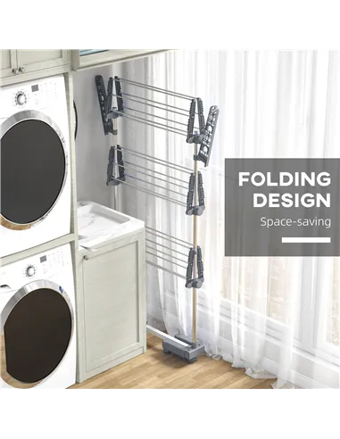 HOMCOM Three-Shelf Collapsing Clothes Horse, With Side Arms and Wheels - Grey