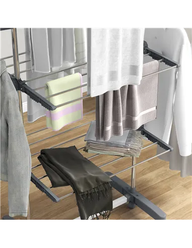 HOMCOM Three-Shelf Collapsing Clothes Horse, With Side Arms and Wheels - Grey