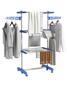 HOMCOM Three-Shelf Collapsing Clothes Horse, With Side Arms and Wheels - Blue