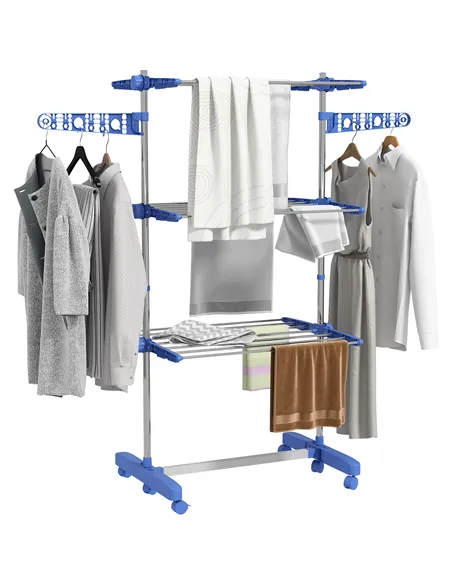 HOMCOM Three-Shelf Collapsing Clothes Horse, With Side Arms and Wheels - Blue