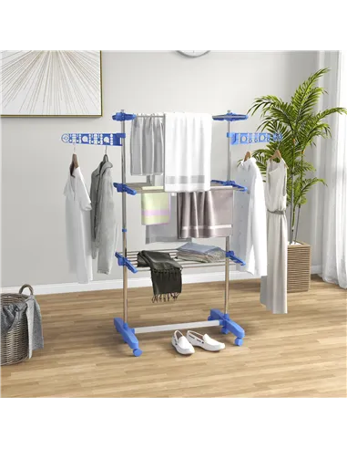 HOMCOM Three-Shelf Collapsing Clothes Horse, With Side Arms and Wheels - Blue