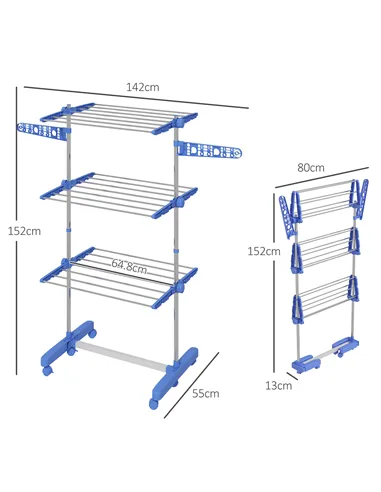 HOMCOM Three-Shelf Collapsing Clothes Horse, With Side Arms and Wheels - Blue