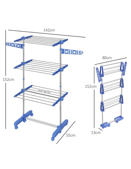 HOMCOM Three-Shelf Collapsing Clothes Horse, With Side Arms and Wheels - Blue