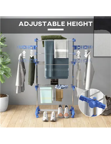 HOMCOM Three-Shelf Collapsing Clothes Horse, With Side Arms and Wheels - Blue