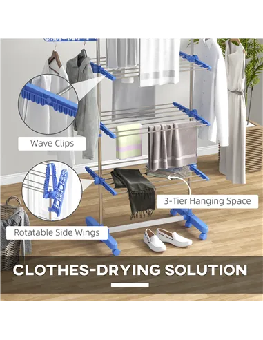 HOMCOM Three-Shelf Collapsing Clothes Horse, With Side Arms and Wheels - Blue