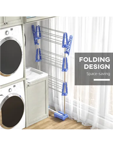 HOMCOM Three-Shelf Collapsing Clothes Horse, With Side Arms and Wheels - Blue