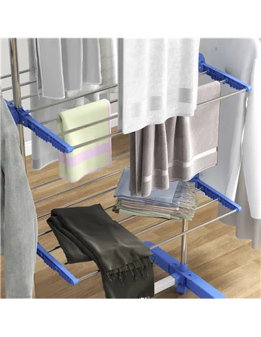 HOMCOM Three-Shelf Collapsing Clothes Horse, With Side Arms and Wheels - Blue