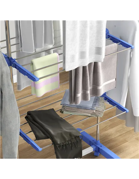 HOMCOM Three-Shelf Collapsing Clothes Horse, With Side Arms and Wheels - Blue