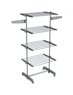 HOMCOM Four-Shelf Collapsing Clothes Horse, With Side Arms and Wheels - Grey