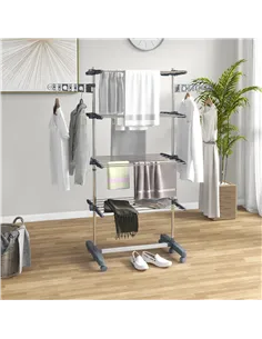 HOMCOM Four-Shelf Collapsing Clothes Horse, With Side Arms and Wheels - Grey 2