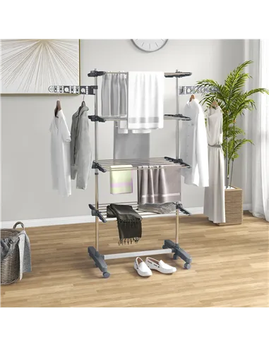HOMCOM Four-Shelf Collapsing Clothes Horse, With Side Arms and Wheels - Grey
