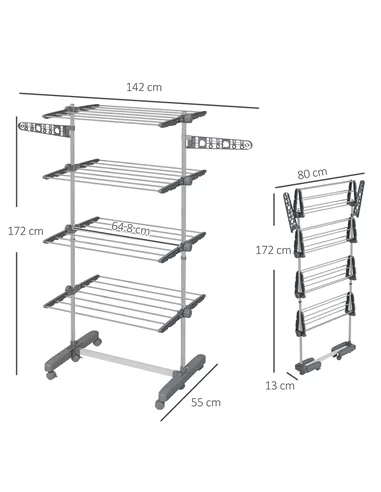 HOMCOM Four-Shelf Collapsing Clothes Horse, With Side Arms and Wheels - Grey