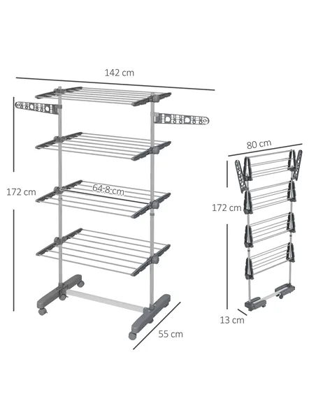 HOMCOM Four-Shelf Collapsing Clothes Horse, With Side Arms and Wheels - Grey