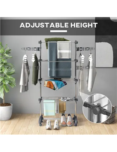 HOMCOM Four-Shelf Collapsing Clothes Horse, With Side Arms and Wheels - Grey