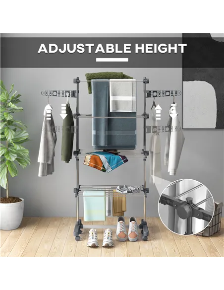 HOMCOM Four-Shelf Collapsing Clothes Horse, With Side Arms and Wheels - Grey