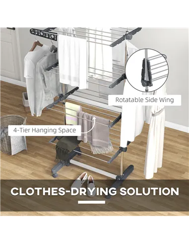 HOMCOM Four-Shelf Collapsing Clothes Horse, With Side Arms and Wheels - Grey