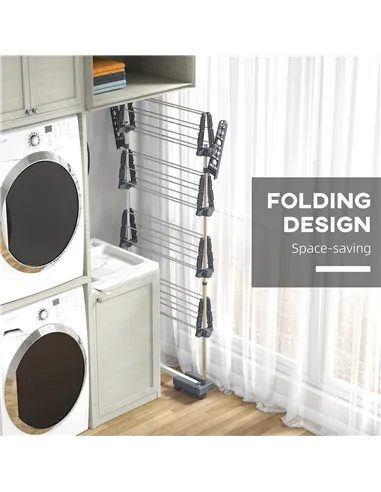 HOMCOM Four-Shelf Collapsing Clothes Horse, With Side Arms and Wheels - Grey