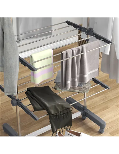 HOMCOM Four-Shelf Collapsing Clothes Horse, With Side Arms and Wheels - Grey