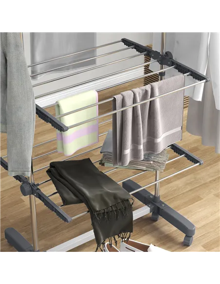 HOMCOM Four-Shelf Collapsing Clothes Horse, With Side Arms and Wheels - Grey