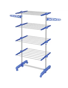 HOMCOM Four-Shelf Collapsing Clothes Horse, With Side Arms and Wheels - Blue