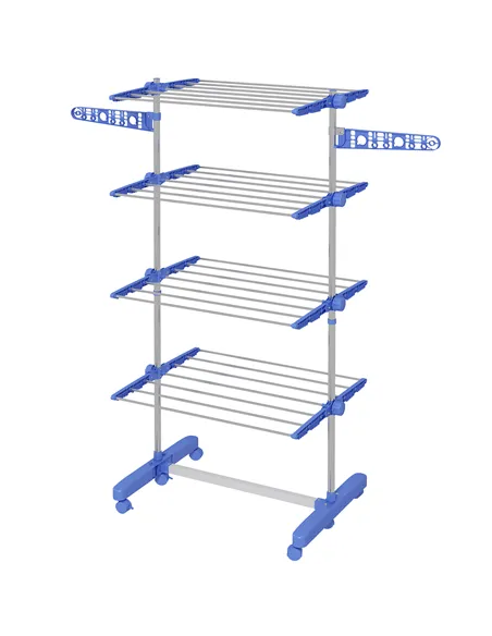 HOMCOM Four-Shelf Collapsing Clothes Horse, With Side Arms and Wheels - Blue