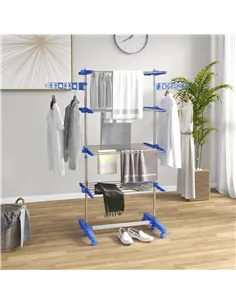 HOMCOM Four-Shelf Collapsing Clothes Horse, With Side Arms and Wheels - Blue 2