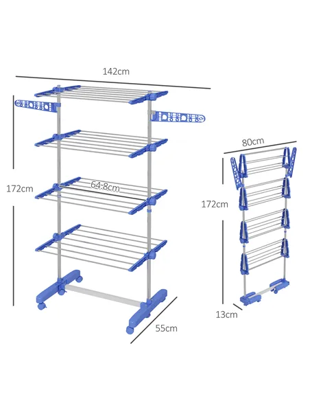 HOMCOM Four-Shelf Collapsing Clothes Horse, With Side Arms and Wheels - Blue