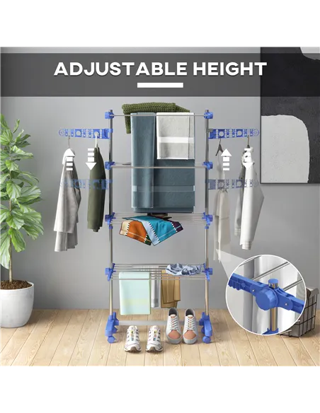 HOMCOM Four-Shelf Collapsing Clothes Horse, With Side Arms and Wheels - Blue